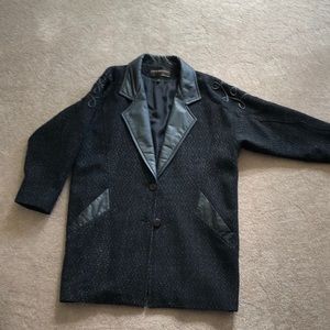 Black wool coat w/leather trim/sleeve embellish